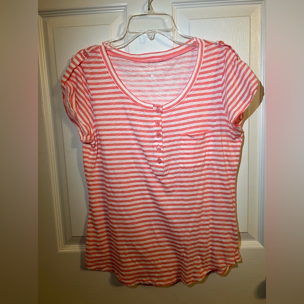 Pink and white striped short sleeve top with pocket and button details